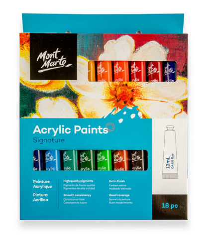 Mont Marte Signature Acrylic Paint Set 18 Colors 12ml Tubes | Artist Acrylic Paints with Satin Finish for Canvas, Paper, Wood & Craft Painting - PAPERTREE
