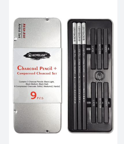 ACMELIAE Charcoal Pencil & Compressed Charcoal sticks in Tin Box 9pc - PAPERTREE