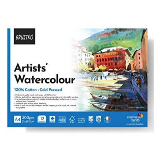 BRUSTRO 100% Cotton Watercolour Pad A4 300 GSM 12 Sheets | Cold Pressed Artist Paper - PAPERTREE BRUSTRO 100% Cotton Watercolour Pad A4 300 GSM 12 Sheets | Cold Pressed Artist Paper - PAPERTREE