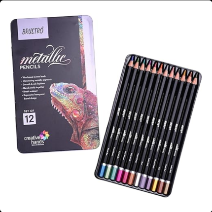 BRUSTRO Artist Metallic Color Pencil Set of 12 Shades Premium Metallic Colored Pencils for Drawing & Illustration - PAPERTREE