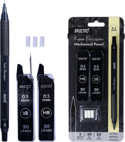BRUSTRO Kuro Precision Mechanical Pencil | Tip Size - 0.5mm With 20 - HB and 20-2B leads, 3 Eraser Refills - PAPERTREE