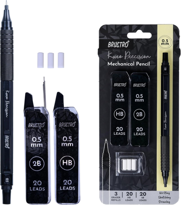 BRUSTRO Kuro Precision Mechanical Pencil | Tip Size - 0.5mm With 20 - HB and 20-2B leads, 3 Eraser Refills - PAPERTREE BRUSTRO Kuro Precision Mechanical Pencil | Tip Size - 0.5mm With 20 - HB and 20-2B leads, 3 Eraser Refills - PAPERTREE