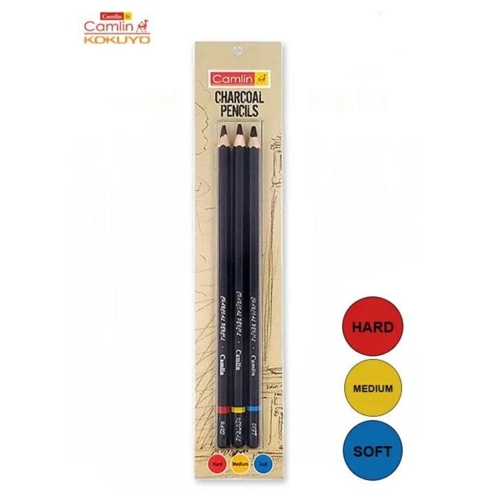 Camel Black Charcoal Pencil Set 3 Pcs | Hard, Medium & Soft Charcoal Pencils for Sketching, Shading & Drawing - PAPERTREE Camel Black Charcoal Pencil Set 3 Pcs | Hard, Medium & Soft Charcoal Pencils for Sketching, Shading & Drawing - PAPERTREE