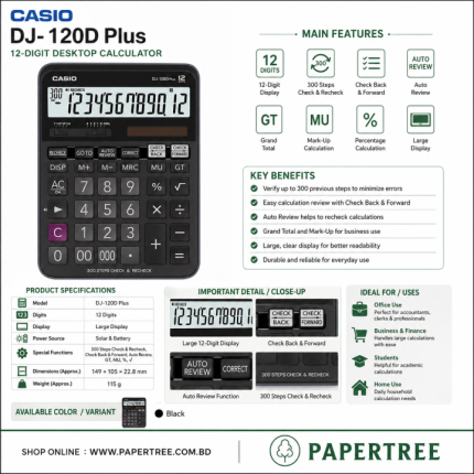 CASIO DJ-120D Plus 12 Digit Check & Recheck Desktop Calculator - PAPERTREE