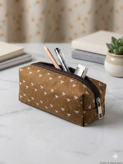 Coffee Brown Bow Pencil Case Aesthetic Canvas Large Capacity Stationery and Makeup Pouch - PAPERTREE