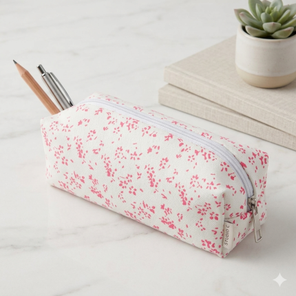 Cute Pink Botanical Print Pen Bag Large Capacity Stationery and Makeup Pouch - PAPERTREE