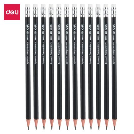 Deli E38029N Black Triangular HB Pencil 12 Pieces Premium Graphite Pencil Set with Eraser for School Office and Drawing - PAPERTREE