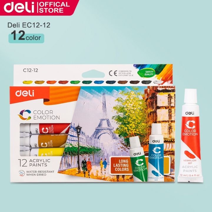 Deli EC12-12 Acrylic Color Set 12 Colors x 12ml High Pigment Acrylic Paint Tubes for Art, Craft & Canvas Painting - PAPERTREE Deli EC12-12 Acrylic Color Set 12 Colors x 12ml High Pigment Acrylic Paint Tubes for Art, Craft & Canvas Painting - PAPERTREE