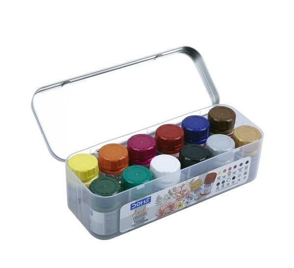 DOMS Acrylic Paints Set with Iron Box 12 Shades x 15ml | Artist Acrylic Color Kit - PAPERTREE DOMS Acrylic Paints Set with Iron Box 12 Shades x 15ml | Artist Acrylic Color Kit - PAPERTREE