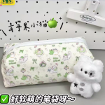 Green Apple Kitten Pencil Bag Large Capacity Cute Stationery and Makeup Pouch - PAPERTREE