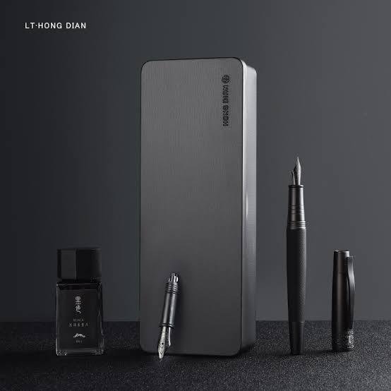 Hongdian 6013 Matte Black Fountain Pen Fine Nib Titanium Black Writing Pen with Metal Gift Box Set - PAPERTREE