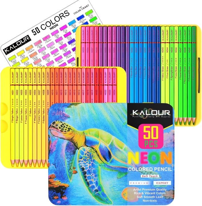 KALOUR 50 Neon Colored Pencils Set | Fluorescent Soft Core Coloring Pencils for Artists - PAPERTREE