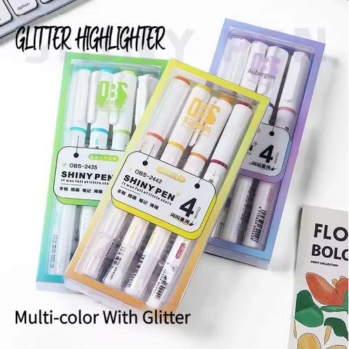 Kawaii Glitter Highlighter Pen Set 4 Colors Pastel Fine Tip Highlighter for Scrapbook and School - PAPERTREE Kawaii Glitter Highlighter Pen Set 4 Colors Pastel Fine Tip Highlighter for Scrapbook and School - PAPERTREE