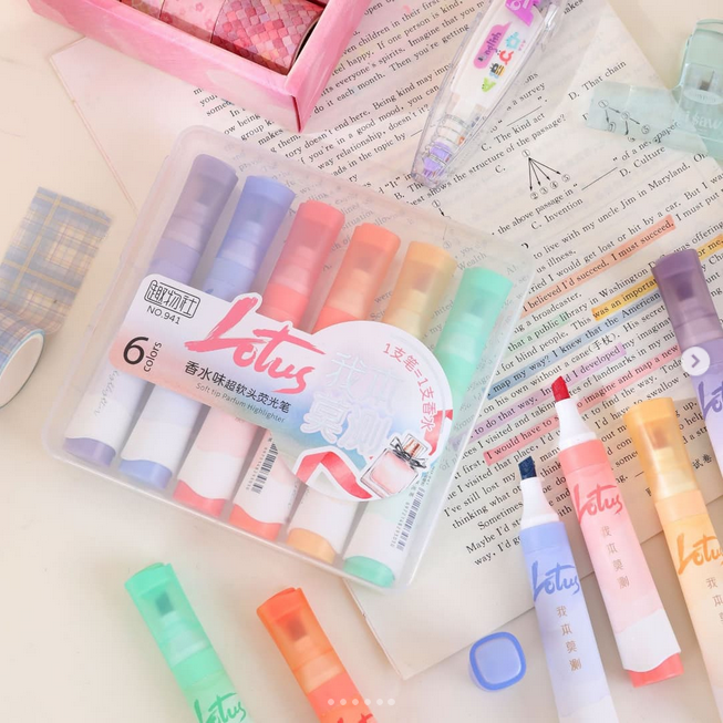 Lotus Soft Tip Perfume Highlighter Set 6pcs Scented Marker Pens for Study - PAPERTREE Lotus Soft Tip Perfume Highlighter Set 6pcs Scented Marker Pens for Study - PAPERTREE
