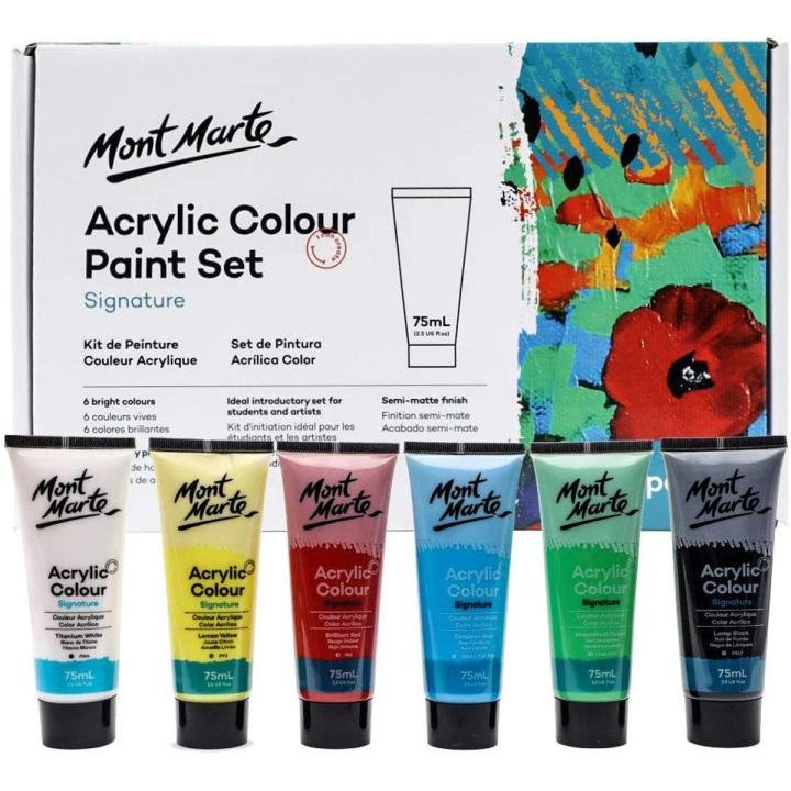 Mont Marte Acrylic Color Paint Set 75ml x 6 Colors | Premium Acrylic Paint Tubes for Canvas, Wood, Paper & DIY Art Projects - PAPERTREE Mont Marte Acrylic Color Paint Set 75ml x 6 Colors | Premium Acrylic Paint Tubes for Canvas, Wood, Paper & DIY Art Projects - PAPERTREE