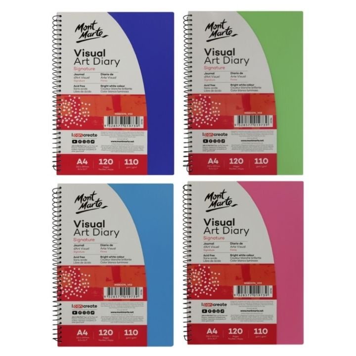 Mont Marte Visual Art Diary A4 Spiral Bound Sketchbook 110gsm White Paper 120 Sheets Color Cover - PAPERTREE Mont Marte Visual Art Diary A4 Spiral Bound Sketchbook 110gsm White Paper 120 Sheets Color Cover - PAPERTREE