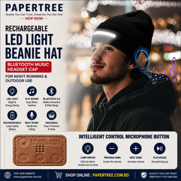 Rechargeable LED Light Beanie Hat Bluetooth Music Headset Cap for Night Running & Outdoor Use - PAPERTREE
